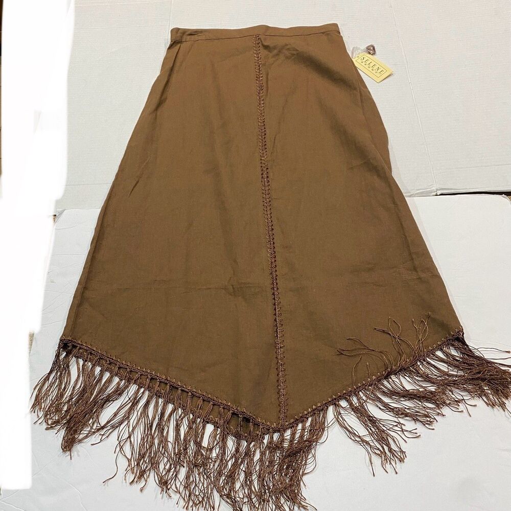 Selene Sport women's brown linen blend fringed angled hem midi skirt Small